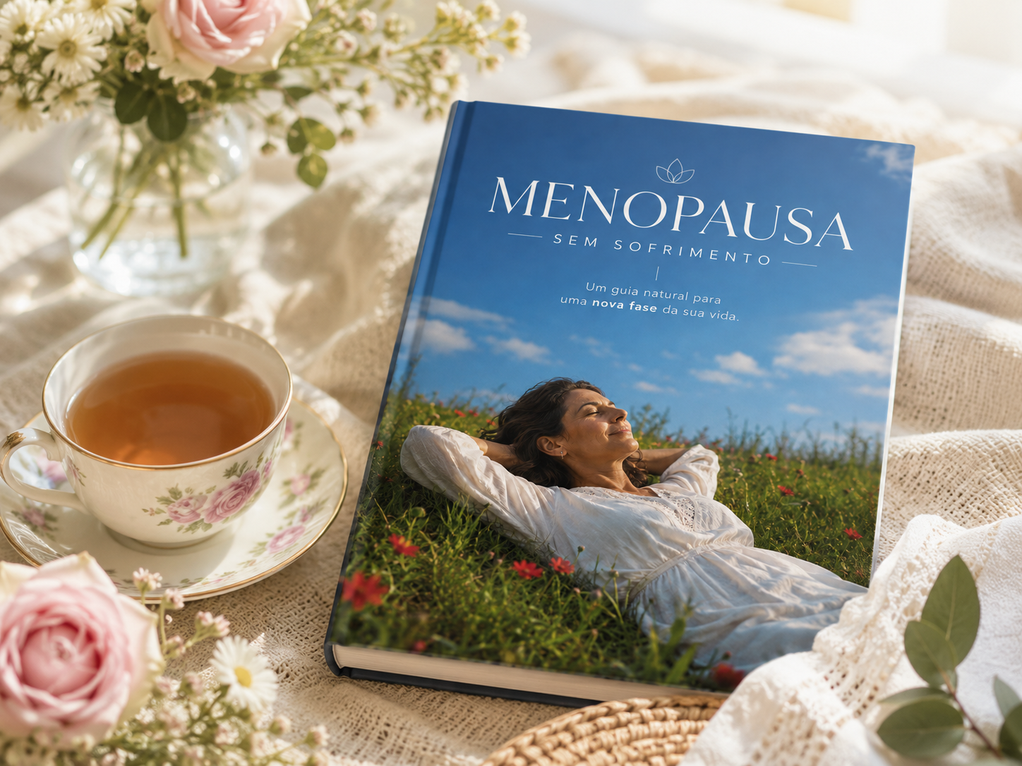Guia Menopausa Sem Sofrimento ao lado de uma xícara de chá e flores suaves