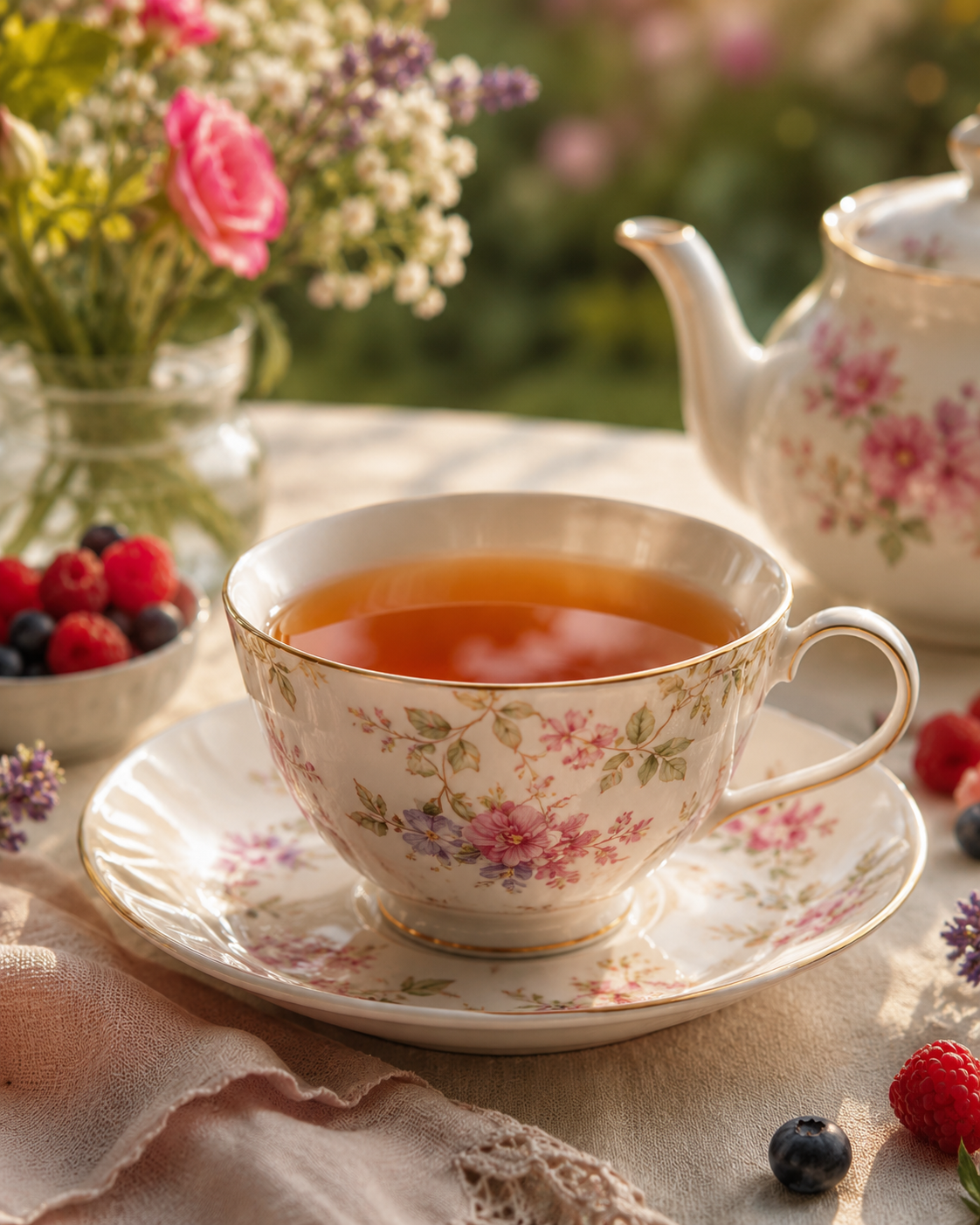 Xícara de chá em uma mesa estética com flores e detalhes delicados